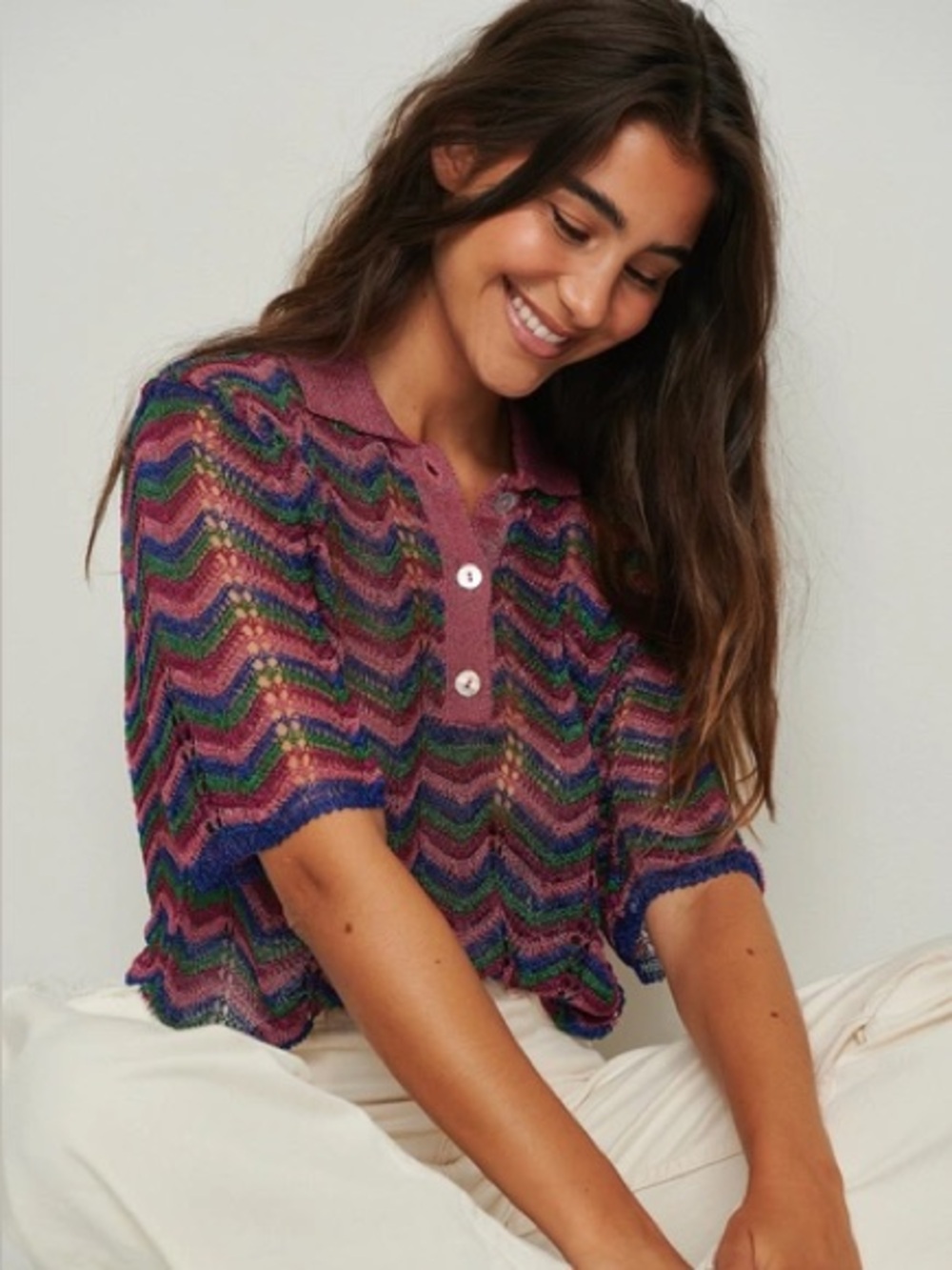 Mango Chevron Sheer Polo Top Size Medium